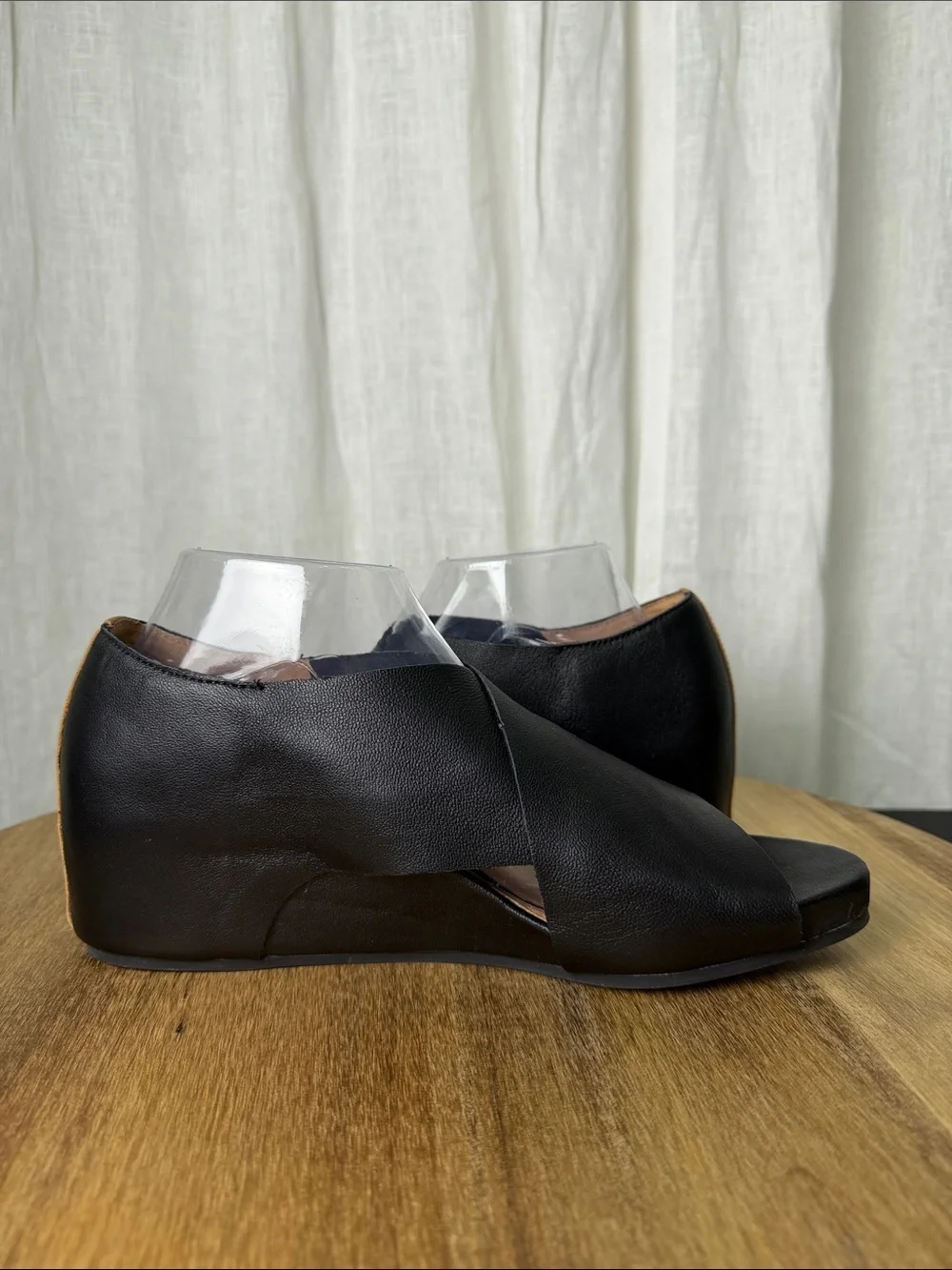 gentle souls Black Leather Open-Toe Wedge Sandals